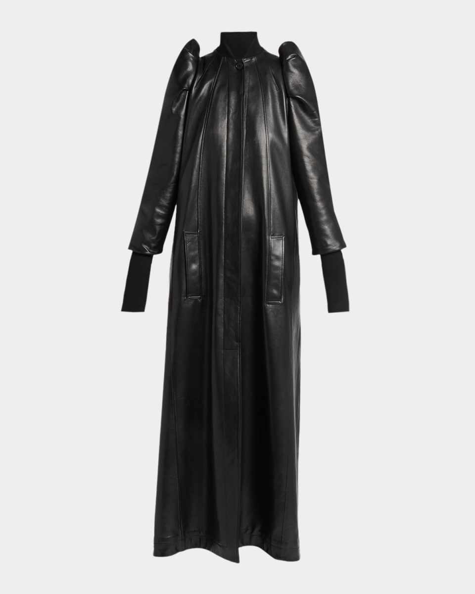 Structured Puff-Sleeve Long Leather Coat